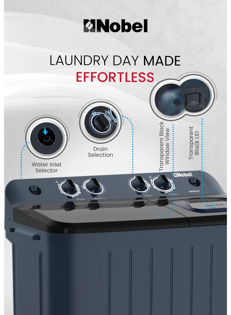 نوبل غسالة ملابس شبه أوتوماتيكية، حوضين، سعة غسيل 8 كجم وسعة عصر 5.5 كجم، 4 أزرار تحكم، مؤقت غسيل 15 دقيقة، تصنيف مقاومة الماء IPX4، فلتر ذكي، قاعدة حماية من الفئران (ضمان سنة واحدة) - Image 3