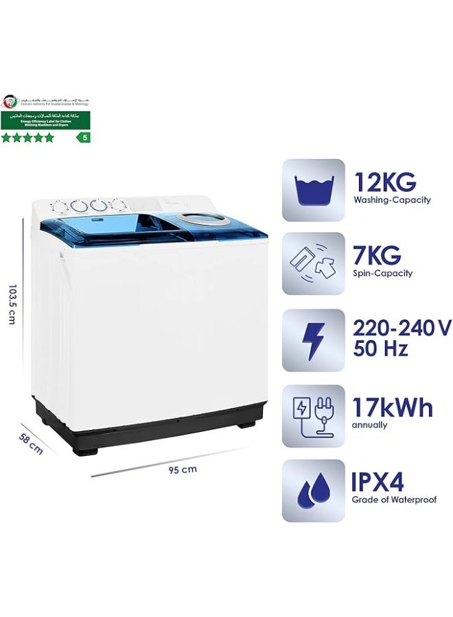 Super General 12 kg Twin-tub Semi-Automatic Washing Machine, efficient Top-Load Washer with Lint Filter, Spin-Dry SGW125 White Blue - Image 2