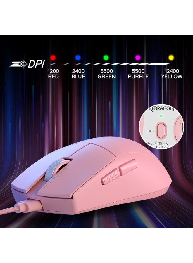REDRAGON K1NG M724 Wired Gaming Mouse, 42G Ultra-Light 12,400 Max DPI Optical Gaming Mouse with 5 Programmable Buttons, Ergonomic Natural Grip Build, Software Supports DIY Keybinds & DPI, Pink for Laptop & PC Gamers - Image 4
