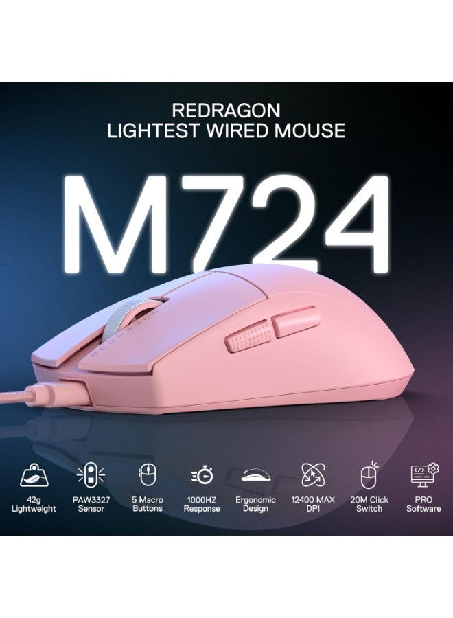 REDRAGON K1NG M724 Wired Gaming Mouse, 42G Ultra-Light 12,400 Max DPI Optical Gaming Mouse with 5 Programmable Buttons, Ergonomic Natural Grip Build, Software Supports DIY Keybinds & DPI, Pink for Laptop & PC Gamers - Image 5