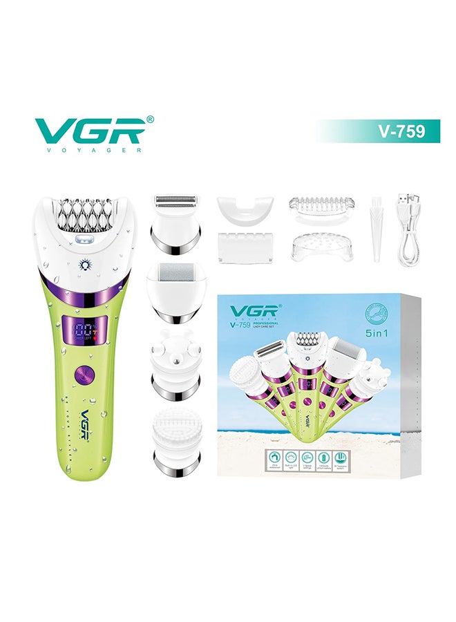 VGR Hair Removal Professional Body Care Trimmer 5in1 IPX6 Waterproof Hair Trimmer LED Two Speeds Electric Razor for Women V-759 green - Image 1