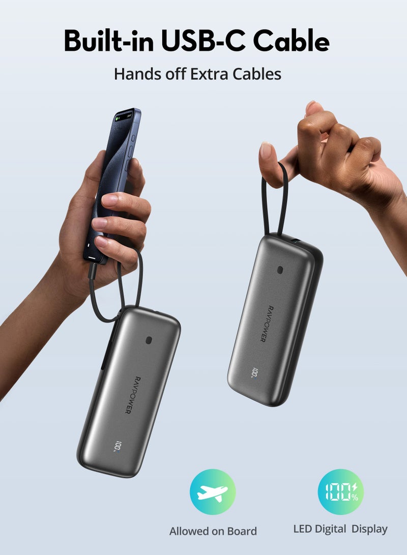 RAVPOWER 35W Power Bank with Built-in Type-C Cable, Type-C Port, and USB Port - black - Image 4