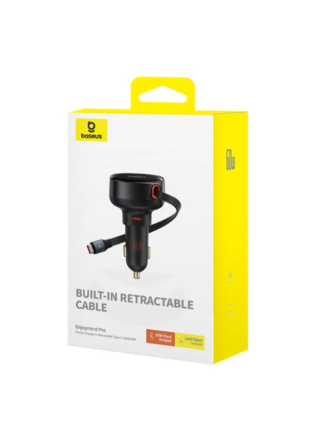 Baseus Enjoyment Pro Retractable Car Charger with 60W Type-C Cable - Cluster Black - Image 1