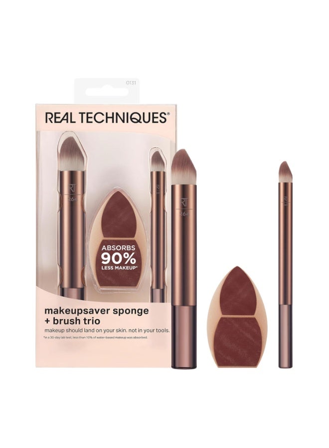 REAL TECHNIQUES Makeupsaver Sponge + Brush Trio, Makeup Blending Sponge & Brushes For Liquid & Cream Formulations, Mimics Finger Application & Reduces Makeup Waste, Cruelty & Latex-Free 3 Piece Set Golden - Image 1