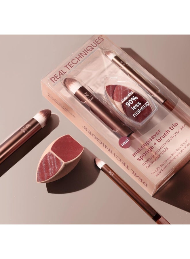 REAL TECHNIQUES Makeupsaver Sponge + Brush Trio, Makeup Blending Sponge & Brushes For Liquid & Cream Formulations, Mimics Finger Application & Reduces Makeup Waste, Cruelty & Latex-Free 3 Piece Set Golden - Image 2