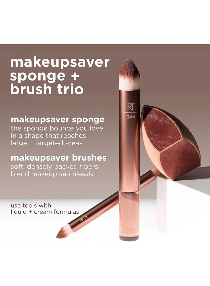 REAL TECHNIQUES Makeupsaver Sponge + Brush Trio, Makeup Blending Sponge & Brushes For Liquid & Cream Formulations, Mimics Finger Application & Reduces Makeup Waste, Cruelty & Latex-Free 3 Piece Set Golden - Image 3