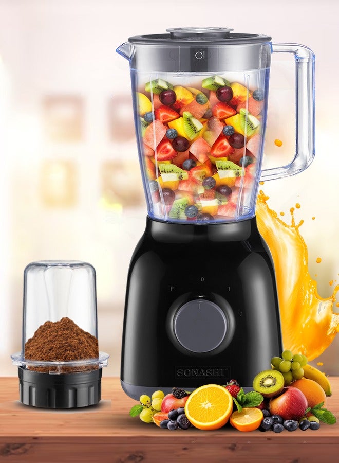 سوناشي خلاط وعصارة 2 في 1 | وعاء غير قابل للكسر سعة 1.25 لتر | 350 واط | إعدادين للسرعة ونظام نبض | الأفضل لطحن التوابل، صنع العصائر والعصائر | مع شفرات من الفولاذ المقاوم للصدأ، نظام قفل أمان | SB-144N أسود - Image 1