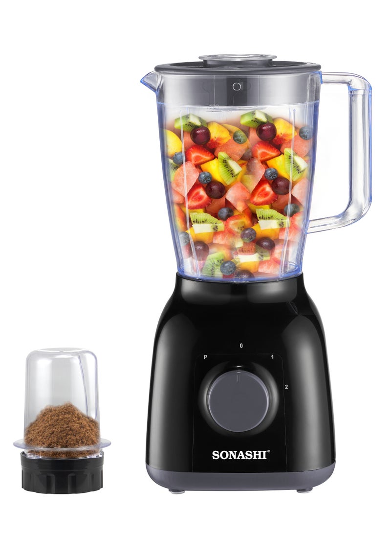 سوناشي خلاط وعصارة 2 في 1 | وعاء غير قابل للكسر سعة 1.25 لتر | 350 واط | إعدادين للسرعة ونظام نبض | الأفضل لطحن التوابل، صنع العصائر والعصائر | مع شفرات من الفولاذ المقاوم للصدأ، نظام قفل أمان | SB-144N أسود - Image 3