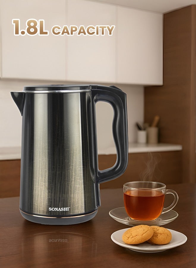 Cordless Electric Kettle 1.8L – Double Layer Cool Touch, Stainless Steel Inner Shell, 360° Base, Auto Shut-Off, Boil-Dry Protection, 1500W – 220-240V, SKT-1818 Gold/Black 1.8 L 1500 W SKT-1818 Black/Gold