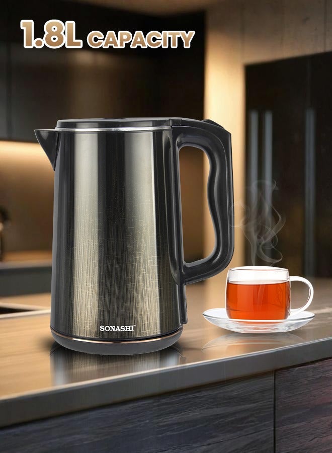 SONASHI Cordless Electric Kettle 1.8L – Double Layer Cool Touch, Stainless Steel Inner Shell, 360° Base, Auto Shut-Off, Boil-Dry Protection, 1500W – 220-240V, SKT-1818 Gold/Black 1.8 L 1500 W SKT-1818 Black/Gold - Image 2