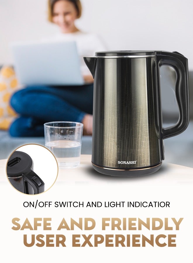 SONASHI Cordless Electric Kettle 1.8L – Double Layer Cool Touch, Stainless Steel Inner Shell, 360° Base, Auto Shut-Off, Boil-Dry Protection, 1500W – 220-240V, SKT-1818 Gold/Black 1.8 L 1500 W SKT-1818 Black/Gold - Image 5