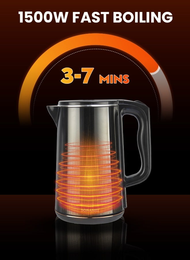 SONASHI Cordless Electric Kettle 1.8L – Double Layer Cool Touch, Stainless Steel Inner Shell, 360° Base, Auto Shut-Off, Boil-Dry Protection, 1500W – 220-240V, SKT-1818 Gold/Black 1.8 L 1500 W SKT-1818 Black/Gold - Image 3
