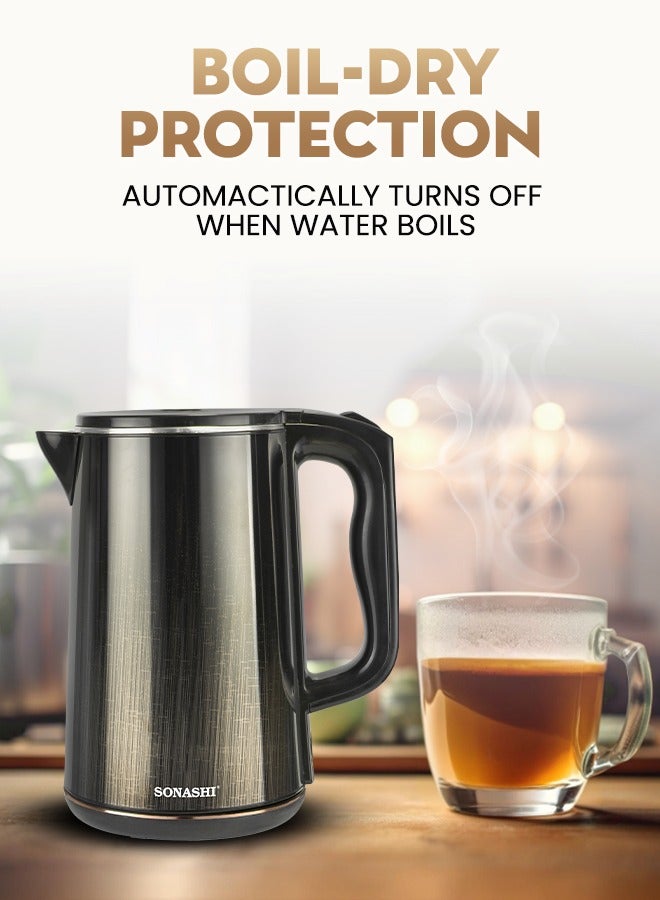 SONASHI Cordless Electric Kettle 1.8L – Double Layer Cool Touch, Stainless Steel Inner Shell, 360° Base, Auto Shut-Off, Boil-Dry Protection, 1500W – 220-240V, SKT-1818 Gold/Black 1.8 L 1500 W SKT-1818 Black/Gold - Image 4