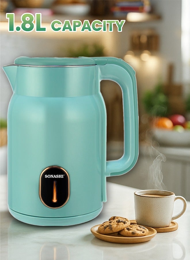 SONASHI Cordless Electric Kettle 1.8L – Seamless Body, 360° Swivel Base, Auto Shut-Off, Boil-Dry Protection, Concealed Heating Element, Perfect for Rooms and Office, 1500W – 220-240V, SKT-1824 Sea Green 1.8 L 1500 W SKT-1824 Sea Green - Image 1