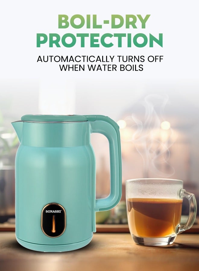 SONASHI Cordless Electric Kettle 1.8L – Seamless Body, 360° Swivel Base, Auto Shut-Off, Boil-Dry Protection, Concealed Heating Element, Perfect for Rooms and Office, 1500W – 220-240V, SKT-1824 Sea Green 1.8 L 1500 W SKT-1824 Sea Green - Image 3