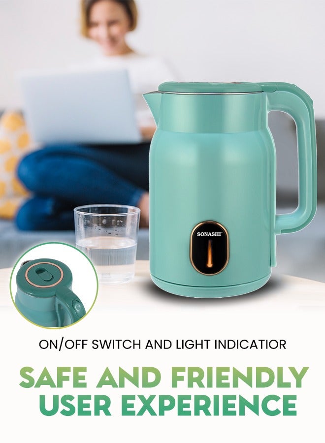 SONASHI Cordless Electric Kettle 1.8L – Seamless Body, 360° Swivel Base, Auto Shut-Off, Boil-Dry Protection, Concealed Heating Element, Perfect for Rooms and Office, 1500W – 220-240V, SKT-1824 Sea Green 1.8 L 1500 W SKT-1824 Sea Green - Image 4