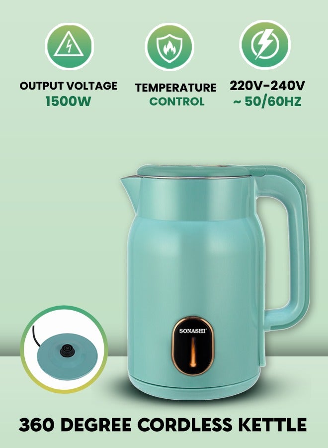 SONASHI Cordless Electric Kettle 1.8L – Seamless Body, 360° Swivel Base, Auto Shut-Off, Boil-Dry Protection, Concealed Heating Element, Perfect for Rooms and Office, 1500W – 220-240V, SKT-1824 Sea Green 1.8 L 1500 W SKT-1824 Sea Green - Image 5