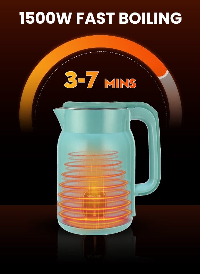 SONASHI Cordless Electric Kettle 1.8L – Seamless Body, 360° Swivel Base, Auto Shut-Off, Boil-Dry Protection, Concealed Heating Element, Perfect for Rooms and Office, 1500W – 220-240V, SKT-1824 Sea Green 1.8 L 1500 W SKT-1824 Sea Green - Image 2