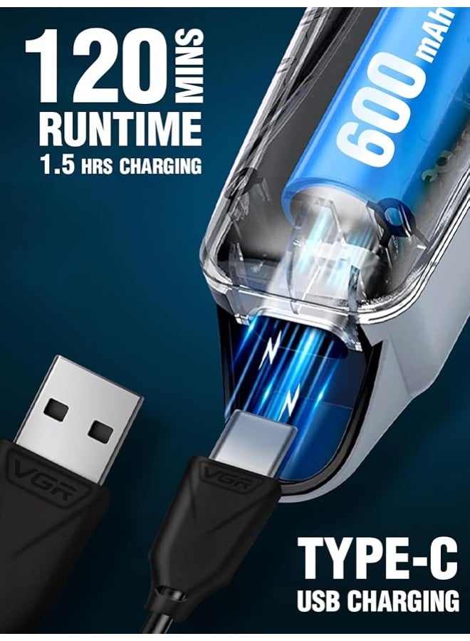 في جي آر مقص شعر احترافي لاسلكي VGR V-071 للرجال وصالونات التجميل | 120 دقيقة من التشغيل مع وضع التيربو، دعم USB من نوع C، ضمان علامة تجارية لمدة سنة - Image 4