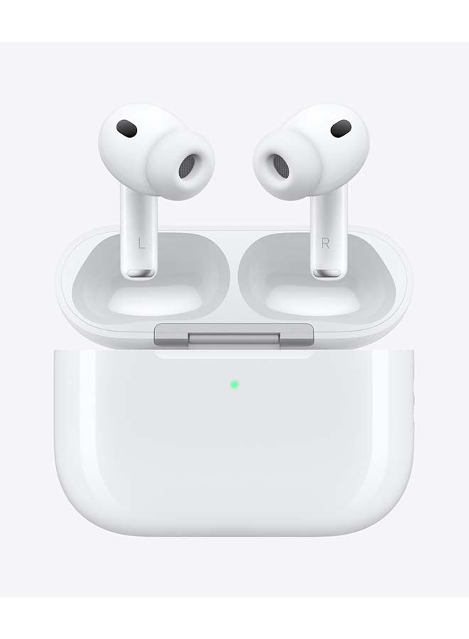 ابل  سماعات أيربودز برو 3 اللاسلكية، سماعات بلوتوث، إلغاء الضوضاء النشط، اختبار السمع، مساعد السمع، ميزات حماية السمع، استشعار معدل ضربات القلب أثناء التمارين، ترجمة حية، صوت عالي الدقة، شريحة H2، شحن USB-C - أبيض - Image 2