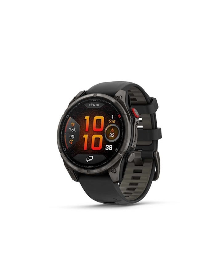Fenix 8 Pro - 47MM - Carbon Gray DLC Titanium with Black/Pebble Gray Silicone Band - Up to 8 Days of Battery Life  - 1.4"Amoled Display, sapphire crystal, Heart Rate Monitor, All day stress monitor, Gps tracking, Super bright LED flashlight, iOS and Android compatible black