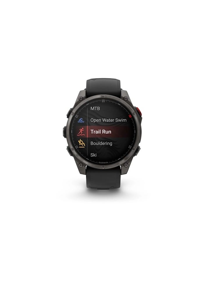 GARMIN Fenix 8 Pro - 47MM - Carbon Gray DLC Titanium with Black/Pebble Gray Silicone Band - Up to 8 Days of Battery Life  - 1.4"Amoled Display, sapphire crystal, Heart Rate Monitor, All day stress monitor, Gps tracking, Super bright LED flashlight, iOS and Android compatible black - Image 3