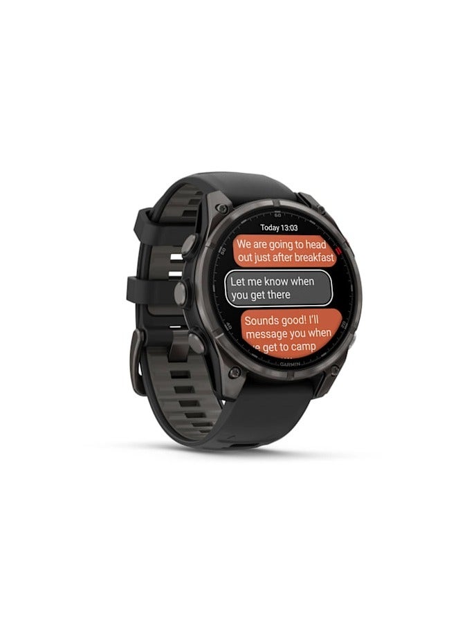 GARMIN Fenix 8 Pro - 47MM - Carbon Gray DLC Titanium with Black/Pebble Gray Silicone Band - Up to 8 Days of Battery Life  - 1.4"Amoled Display, sapphire crystal, Heart Rate Monitor, All day stress monitor, Gps tracking, Super bright LED flashlight, iOS and Android compatible black - Image 2