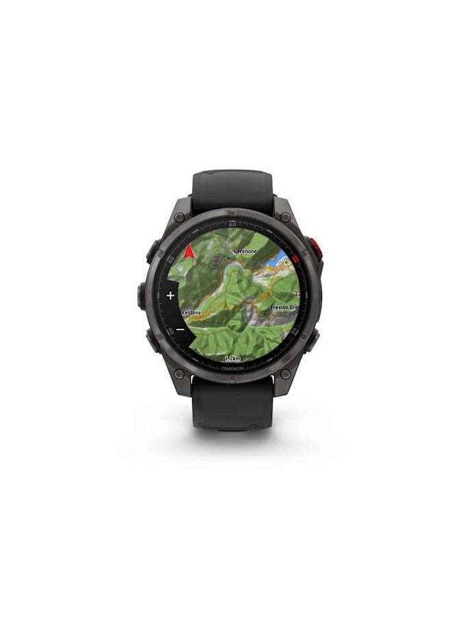 GARMIN Fenix 8 Pro - 47MM - Carbon Gray DLC Titanium with Black/Pebble Gray Silicone Band - Up to 8 Days of Battery Life  - 1.4"Amoled Display, sapphire crystal, Heart Rate Monitor, All day stress monitor, Gps tracking, Super bright LED flashlight, iOS and Android compatible black - Image 5