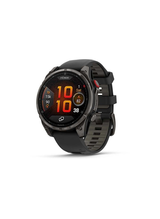 GARMIN Fenix 8 Pro - 51MM - Carbon Gray DLC Titanium with Black/Pebble Gray Silcone Band - Up to 15 Days of Battery Life  - 1.4"Amoled Display, sapphire crystal, Heart Rate Monitor, All day stress monitor, Gps tracking, Super bright LED flashlight, iOS and Android compatible black - Image 1