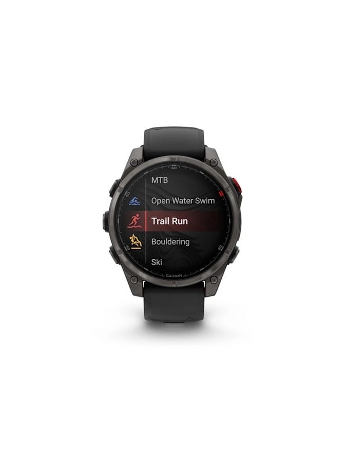 GARMIN Fenix 8 Pro - 51MM - Carbon Gray DLC Titanium with Black/Pebble Gray Silcone Band - Up to 15 Days of Battery Life  - 1.4"Amoled Display, sapphire crystal, Heart Rate Monitor, All day stress monitor, Gps tracking, Super bright LED flashlight, iOS and Android compatible black - Image 4