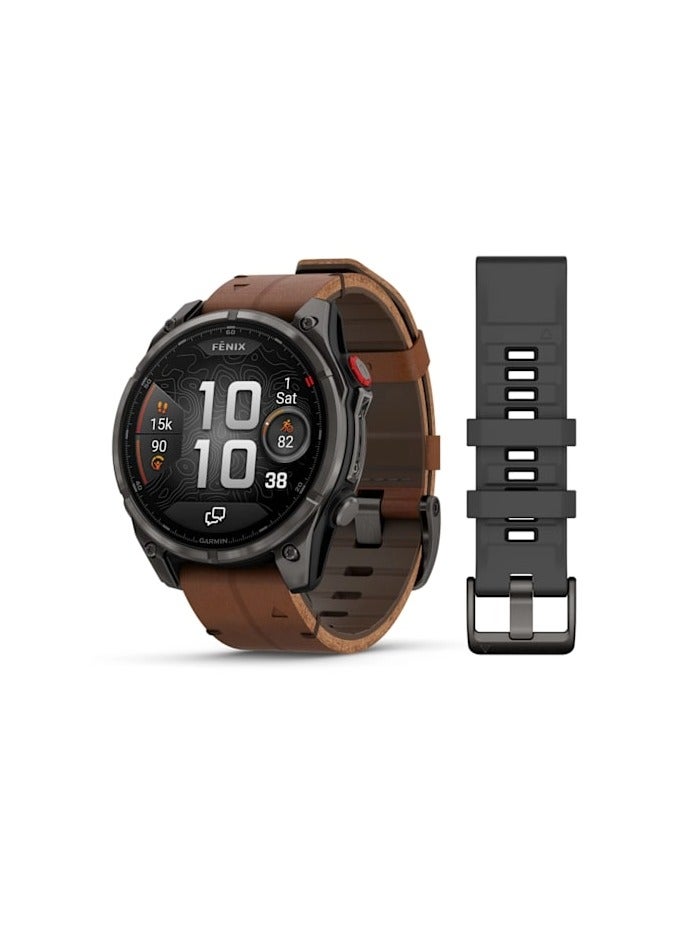 Fenix 8 Pro - 51MM - Carbon Gray DLC Titanian with Chestnut Leather band - Up to 15 Days of Battery Life  - 1.4"Amoled Display, sapphire crystal, Heart Rate Monitor, All day stress monitor, Gps tracking, Super bright LED flashlight, iOS and Android compatible Carbon Grey