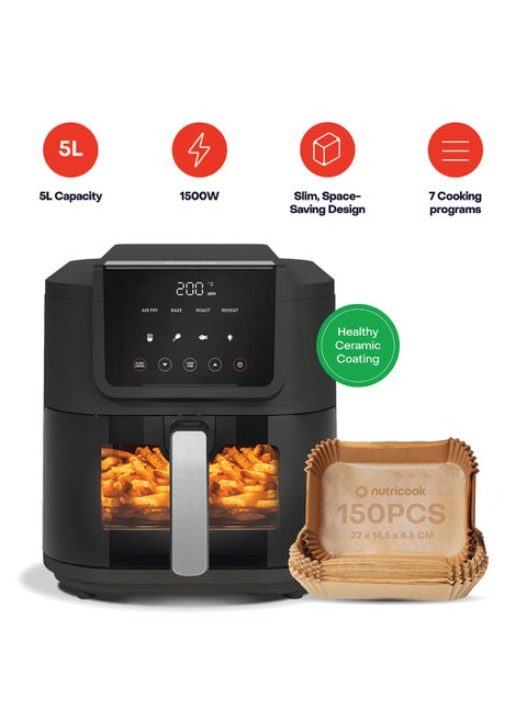 Air Fryer Slim with Liners, 5L / 1KG Capacity, Large Basket, Space-Saving Slim Design, Air Fry, Bake & Reheat, 5 Presets, Clear Window & Light, AFS100, Black, 1500W, 2-Year Warranty 5 L 1500 W NC-AFS100Combo black