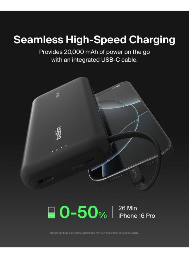 belkin BoostCharge PowerBank 20K | Built-in USB-C Cable, Fast 30W PD Output, 4.7in/12cm Integrated USB-C cable, Charge 3x Devices Same Time, LED indicator, Pre-charged ready for Use - Black black - Image 2