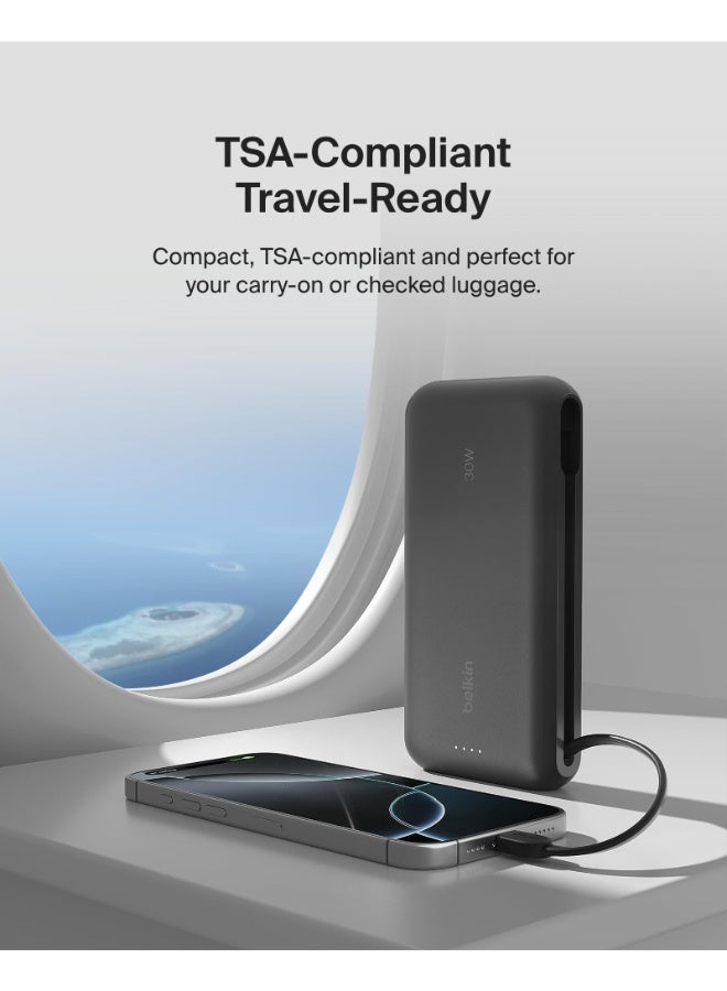 belkin BoostCharge PowerBank 20K | Built-in USB-C Cable, Fast 30W PD Output, 4.7in/12cm Integrated USB-C cable, Charge 3x Devices Same Time, LED indicator, Pre-charged ready for Use - Black black - Image 5