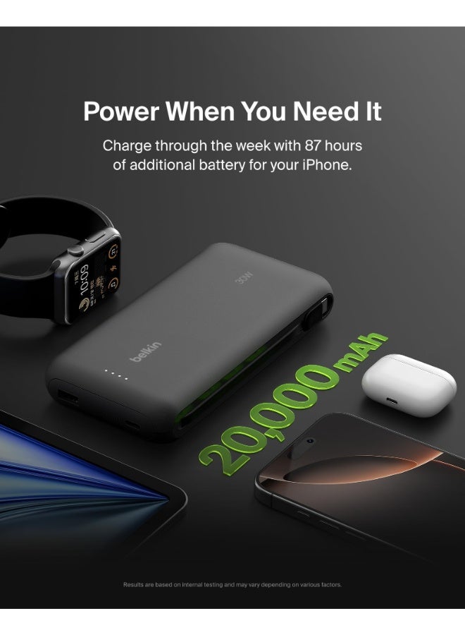 belkin BoostCharge PowerBank 20K | Built-in USB-C Cable, Fast 30W PD Output, 4.7in/12cm Integrated USB-C cable, Charge 3x Devices Same Time, LED indicator, Pre-charged ready for Use - Black black - Image 4