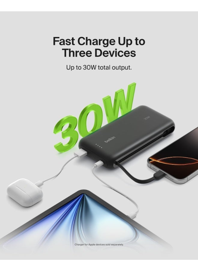 belkin BoostCharge PowerBank 20K | Built-in USB-C Cable, Fast 30W PD Output, 4.7in/12cm Integrated USB-C cable, Charge 3x Devices Same Time, LED indicator, Pre-charged ready for Use - Black black - Image 3