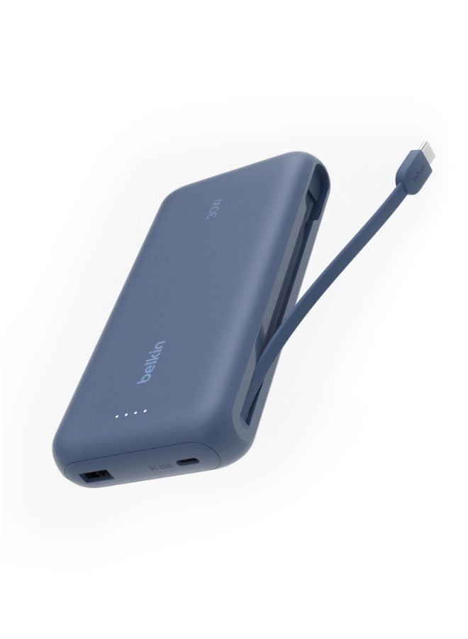 20000 mAh BoostCharge PowerBank 20K | Built-in USB-C Cable, Fast 30W PD Output, 4.7in/12cm Integrated USB-C cable, Charge 3x Devices Same Time, LED indicator, Pre-charged ready for Use - Blue blue