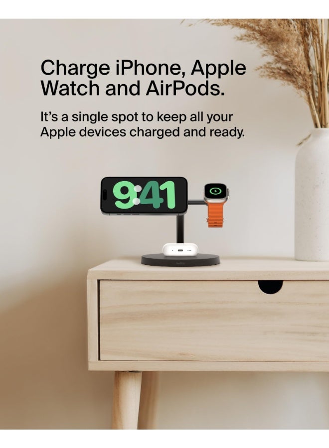 بيلكين BoostCharge Pro 3 في 1 | حامل شحن مغناطيسي لاسلكي مع Qi2 15 واط، مغناطيس قوي، شحن سريع لهواتف آبل وأندرويد، ساعة آبل 9/8/7 ألترا 2، يشمل مزود طاقة 40 واط - أسود - Image 2