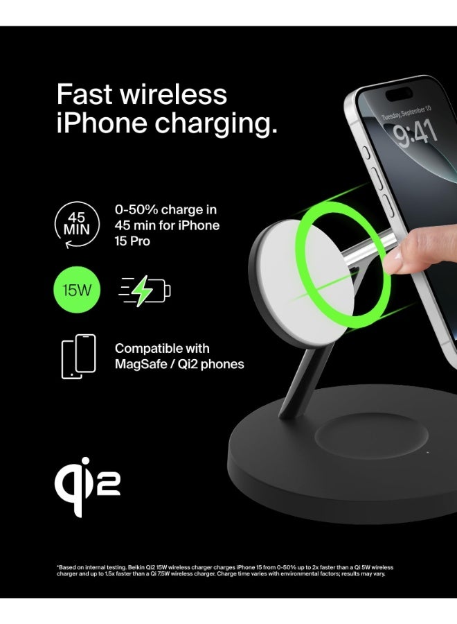 بيلكين BoostCharge Pro 3 في 1 | حامل شحن مغناطيسي لاسلكي مع Qi2 15 واط، مغناطيس قوي، شحن سريع لهواتف آبل وأندرويد، ساعة آبل 9/8/7 ألترا 2، يشمل مزود طاقة 40 واط - أسود - Image 3