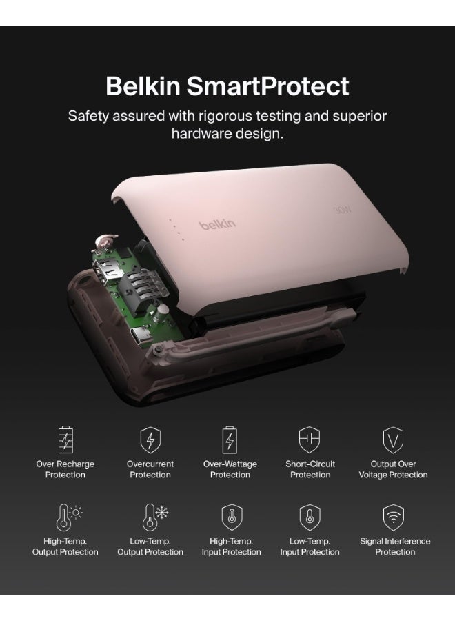 بيلكين باور بانك BoostCharge 20K | كابل USB-C مدمج، خرج سريع 30W PD، كابل USB-C مدمج بطول 4.7 بوصة/12 سم، شحن 3 أجهزة في نفس الوقت، مؤشر LED، مشحون مسبقًا جاهز للاستخدام - وردي - Image 5