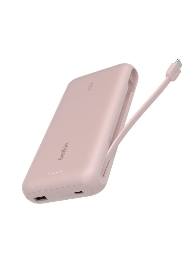 بيلكين باور بانك BoostCharge 20K | كابل USB-C مدمج، خرج سريع 30W PD، كابل USB-C مدمج بطول 4.7 بوصة/12 سم، شحن 3 أجهزة في نفس الوقت، مؤشر LED، مشحون مسبقًا جاهز للاستخدام - وردي - Image 1