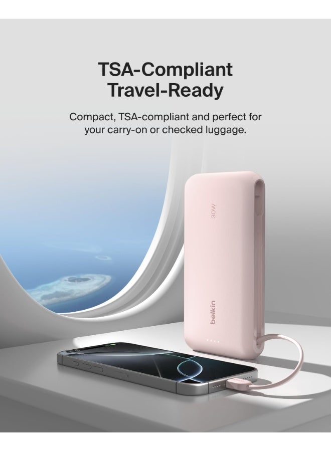بيلكين باور بانك BoostCharge 20K | كابل USB-C مدمج، خرج سريع 30W PD، كابل USB-C مدمج بطول 4.7 بوصة/12 سم، شحن 3 أجهزة في نفس الوقت، مؤشر LED، مشحون مسبقًا جاهز للاستخدام - وردي - Image 4