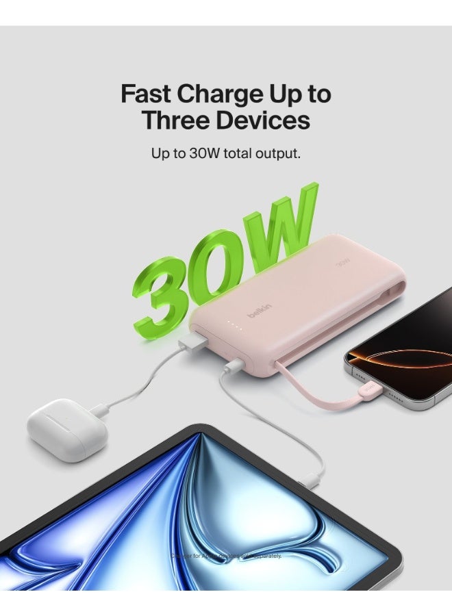 بيلكين باور بانك BoostCharge 20K | كابل USB-C مدمج، خرج سريع 30W PD، كابل USB-C مدمج بطول 4.7 بوصة/12 سم، شحن 3 أجهزة في نفس الوقت، مؤشر LED، مشحون مسبقًا جاهز للاستخدام - وردي - Image 2