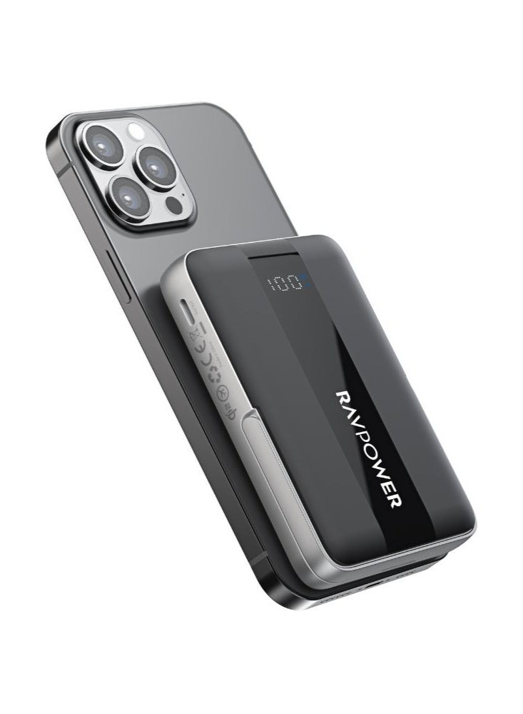 RAVPOWER Magnetic Power Bank, 20W PD Fast Charging, 15W Qi2 Wireless Charger, Ultra Slim Portable Charger with Foldable Kickstand, Compatible iPhone, PB1217 black - Image 2