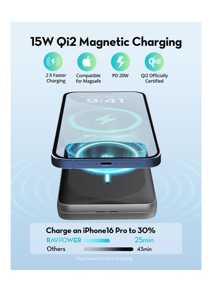 RAVPOWER Magnetic Power Bank, 20W PD Fast Charging, 15W Qi2 Wireless Charger, Ultra Slim Portable Charger with Foldable Kickstand, Compatible iPhone, PB1217 black - Image 3