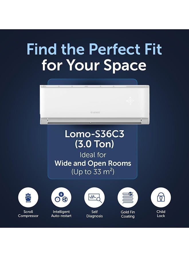 Gree 3.0 Ton Split Air Conditioner with Scroll Compressor | R410A | 3D Air Flow | Turbo Mode | I-Feel Function | Gold Fin |  5 Years Full Warranty + 5 Years Spare Parts LOMO-S36C3 White - Image 5
