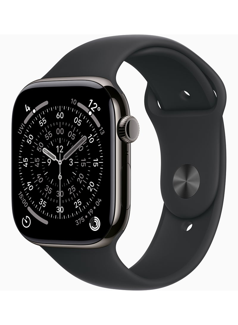 Apple Watch Series 11 GPS + Cellular 46mm (TDRA Version) Slate Titanium Case With Black Sport Band Slate Case - S/M - Image 1