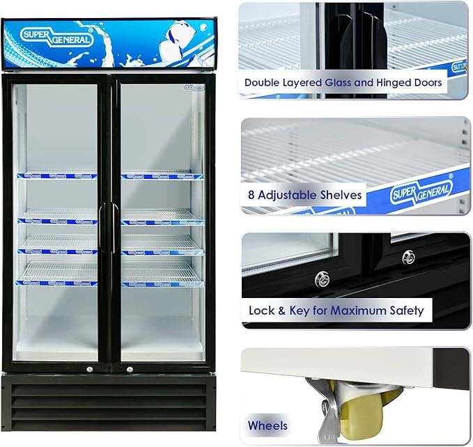 سوبر جنرال ثلاجة مزدوجة الأبواب، عرض مشروبات عمودي، موفرة للطاقة، منخفضة الضوضاء، 8 رفوف، قفل ومفتاح - - Image 3