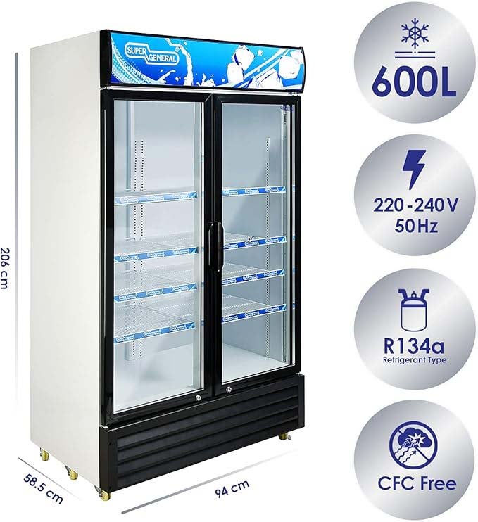 سوبر جنرال ثلاجة مزدوجة الأبواب، عرض مشروبات عمودي، موفرة للطاقة، منخفضة الضوضاء، 8 رفوف، قفل ومفتاح - - Image 2