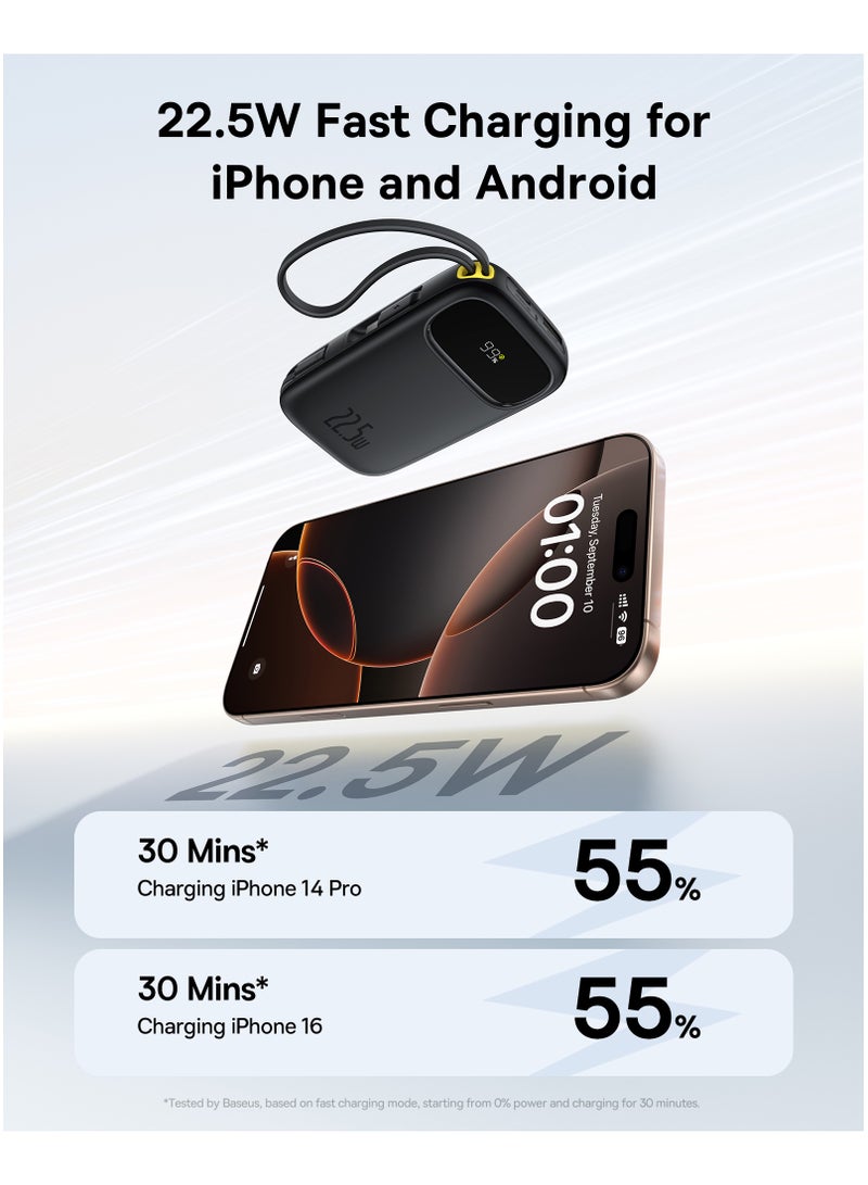 بيسوس EnerFill FC31 20000mAh Power Bank with Digital Display, 22.5W Fast Charging, Built-in Lightning & USB-C Cables, and Flight Approved for Travel - Cosmic black - Image 2